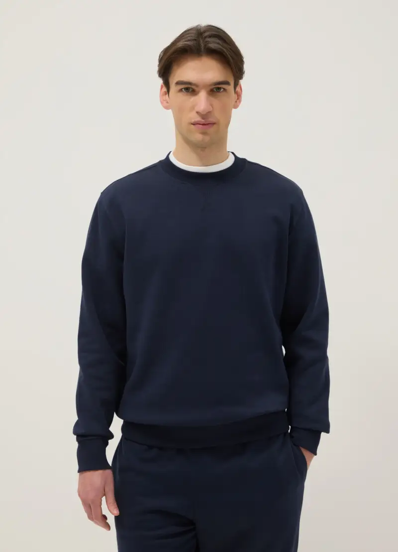 Felpa Girocollo In Misto Cotone Blu Regular Fit, Uomo, Blu