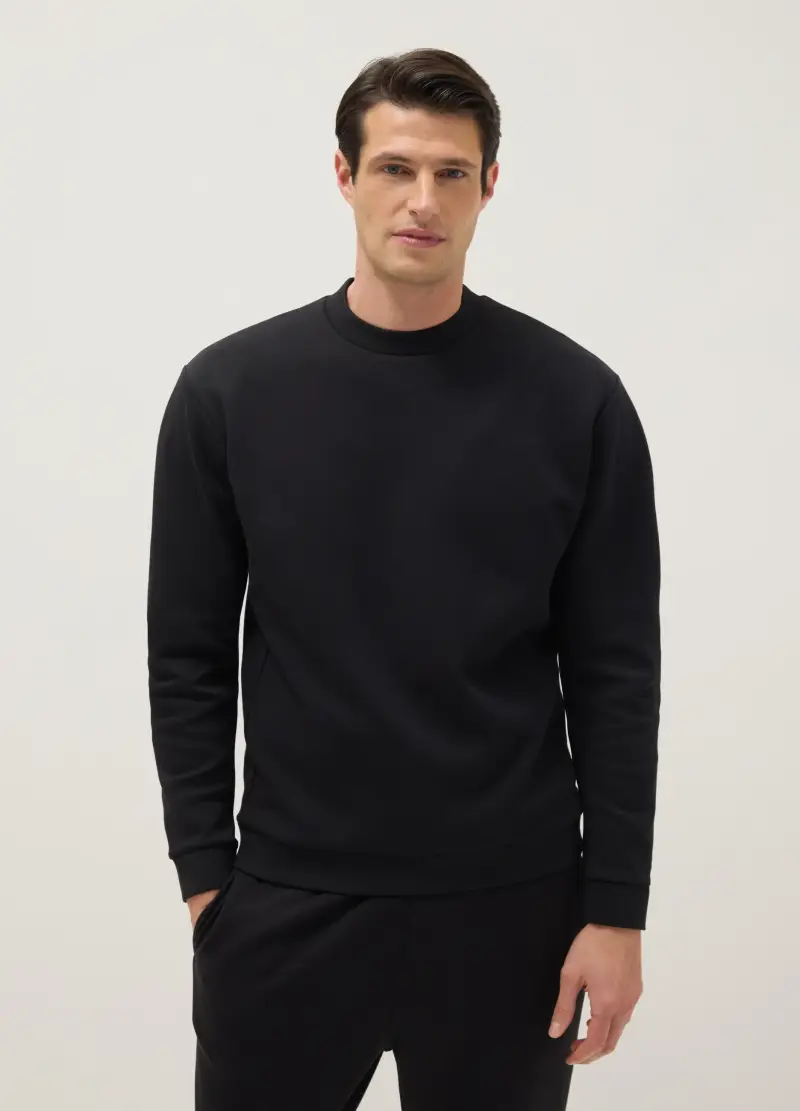 Felpa Girocollo In Misto Cotone Nero Regular Fit, Uomo, Nero miniatura 2