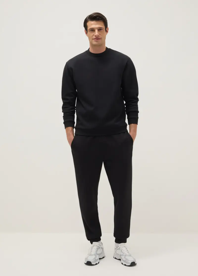 Felpa Girocollo In Misto Cotone Nero Regular Fit, Uomo, Nero