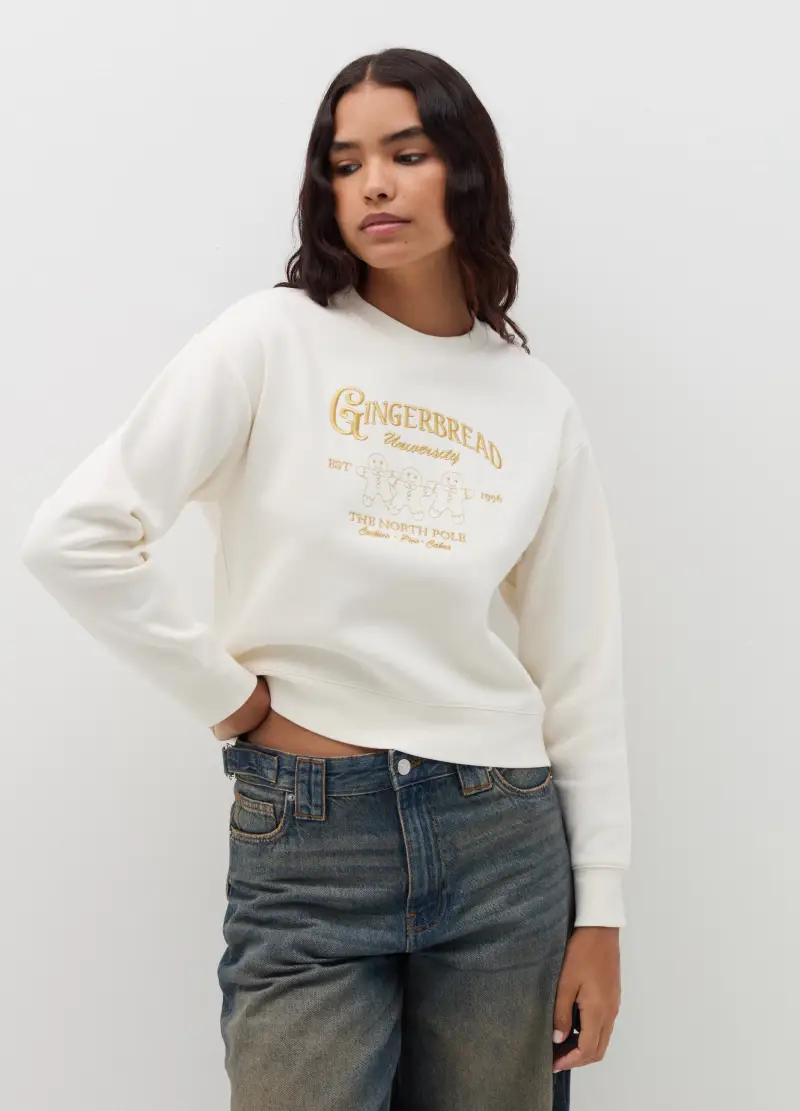 Felpa Girocollo Natalizia, Donna, Bianco miniatura 3