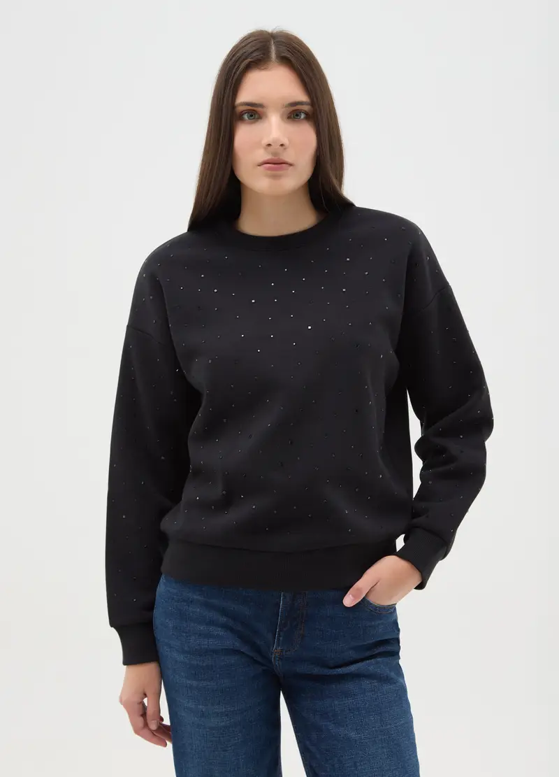 Felpa Girocollo Nera In Misto Cotone Regular Fit Con Strass, Donna, Nero miniatura 2