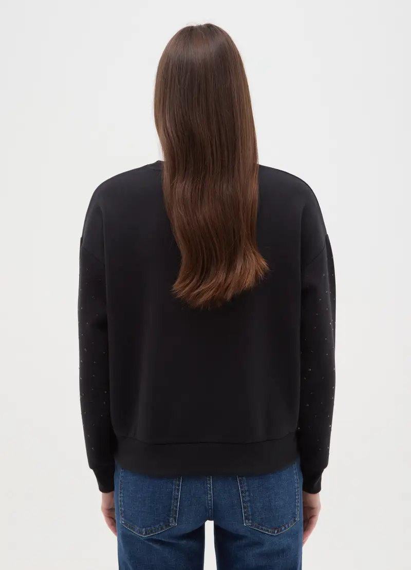 Felpa Girocollo Nera In Misto Cotone Regular Fit Con Strass, Donna, Nero miniatura 3