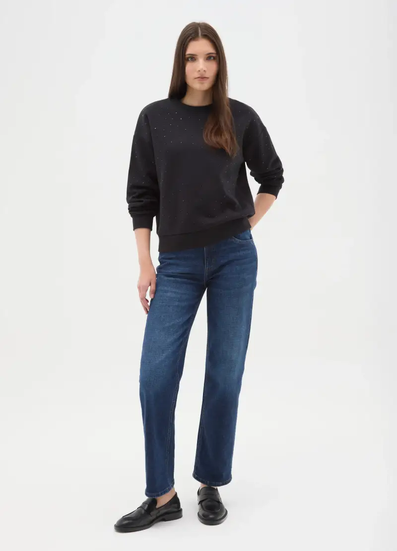 Felpa Girocollo Nera In Misto Cotone Regular Fit Con Strass, Donna, Nero