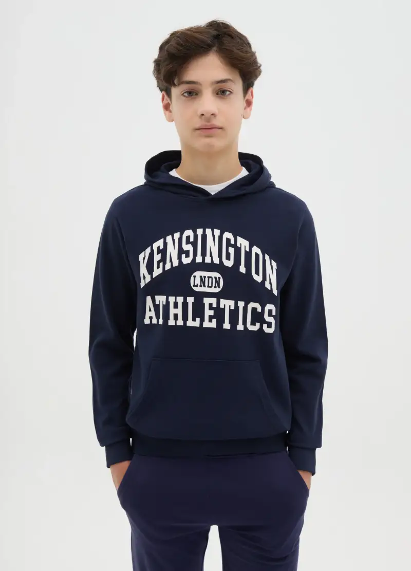 Felpa In French Terry Con Cappuccio E Stampa, Bambino, Blu