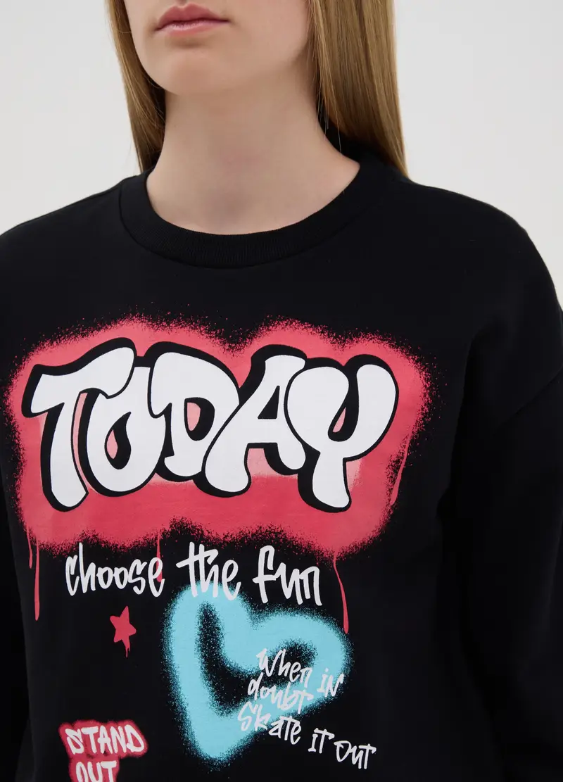 Felpa In French Terry Con Stampa Graffiti, Bambina, Nero miniatura 3