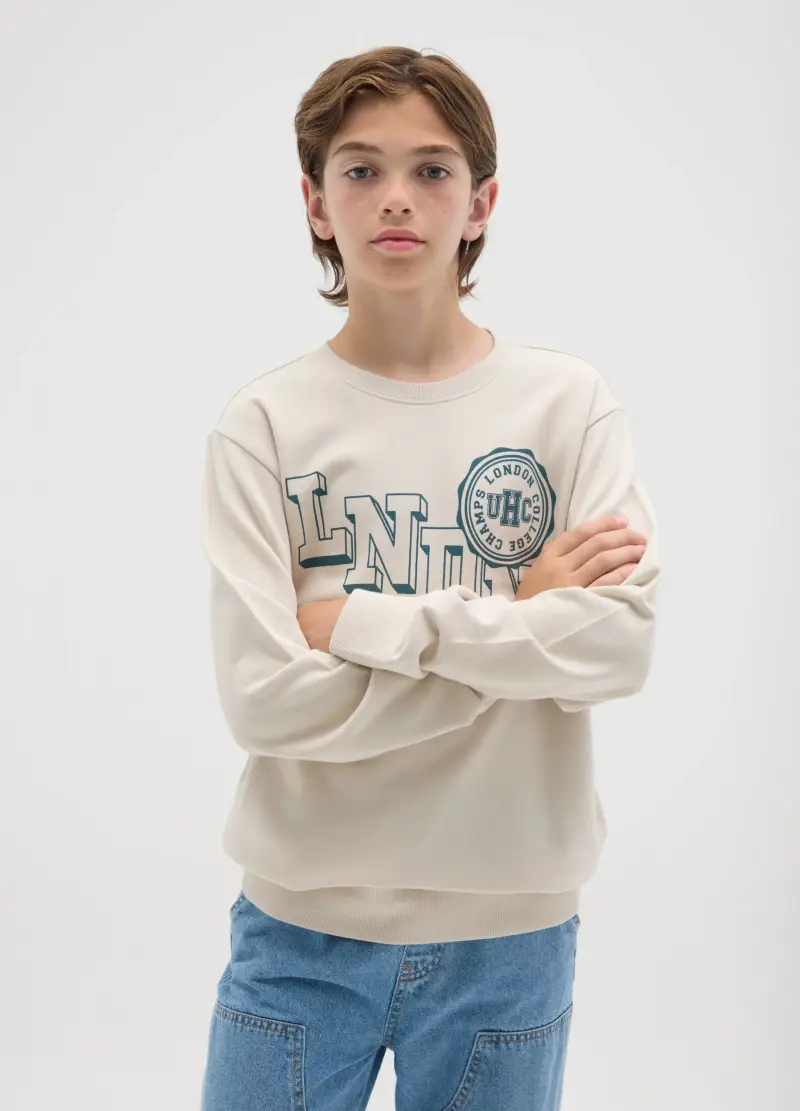 Felpa In French Terry Con Stampa Lettering, Bambino, Beige