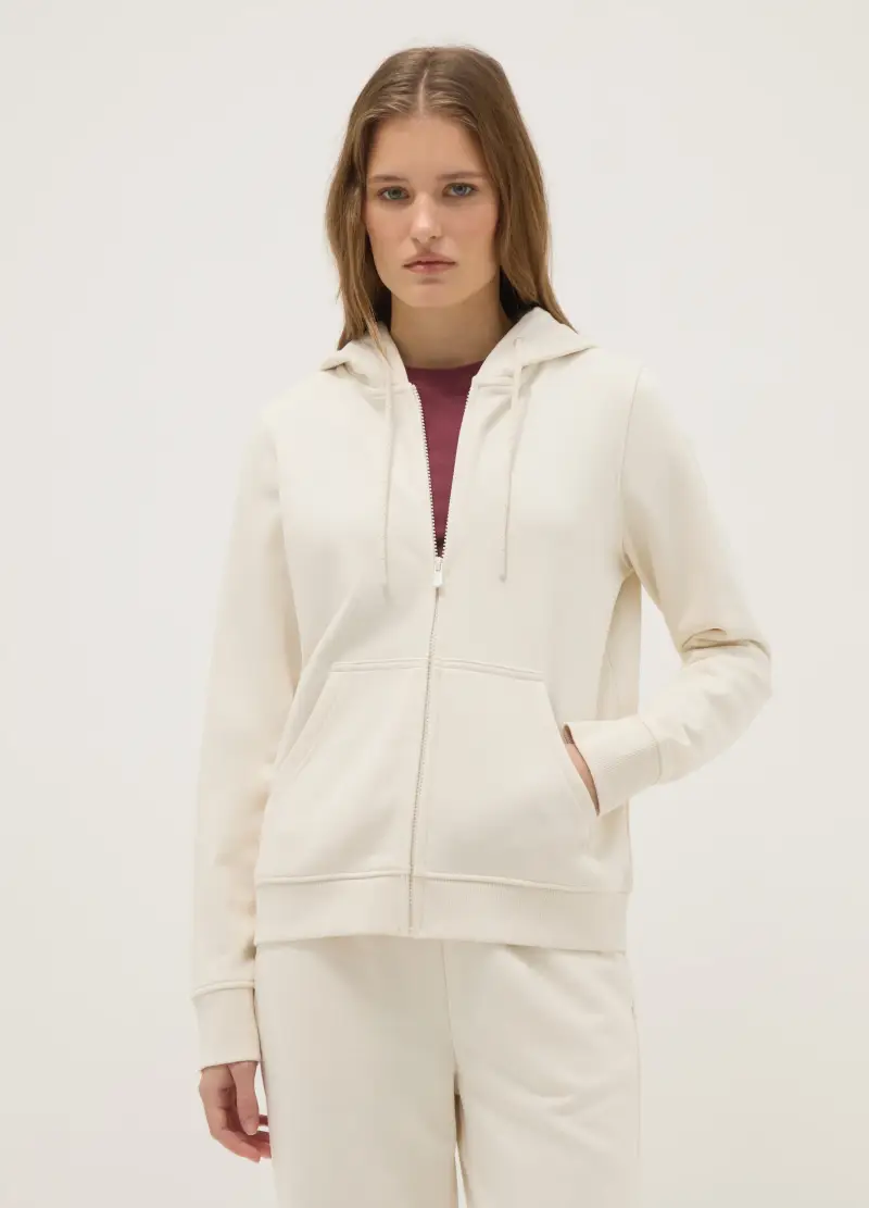 Felpa In Misto Cotone Beige Regular Fit Con Cappuccio E Zip, Donna, Beige miniatura 2