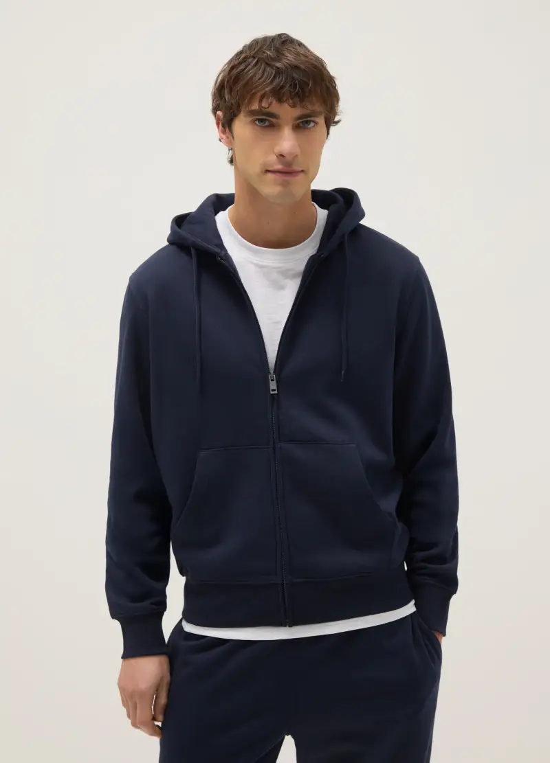 Felpa In Misto Cotone Blu Regular Fit Con Zip E Cappuccio, Uomo, Blu