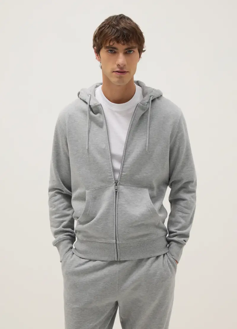 Felpa In Misto Cotone Grigia Regular Fit Con Zip E Cappuccio, Uomo, Grigio