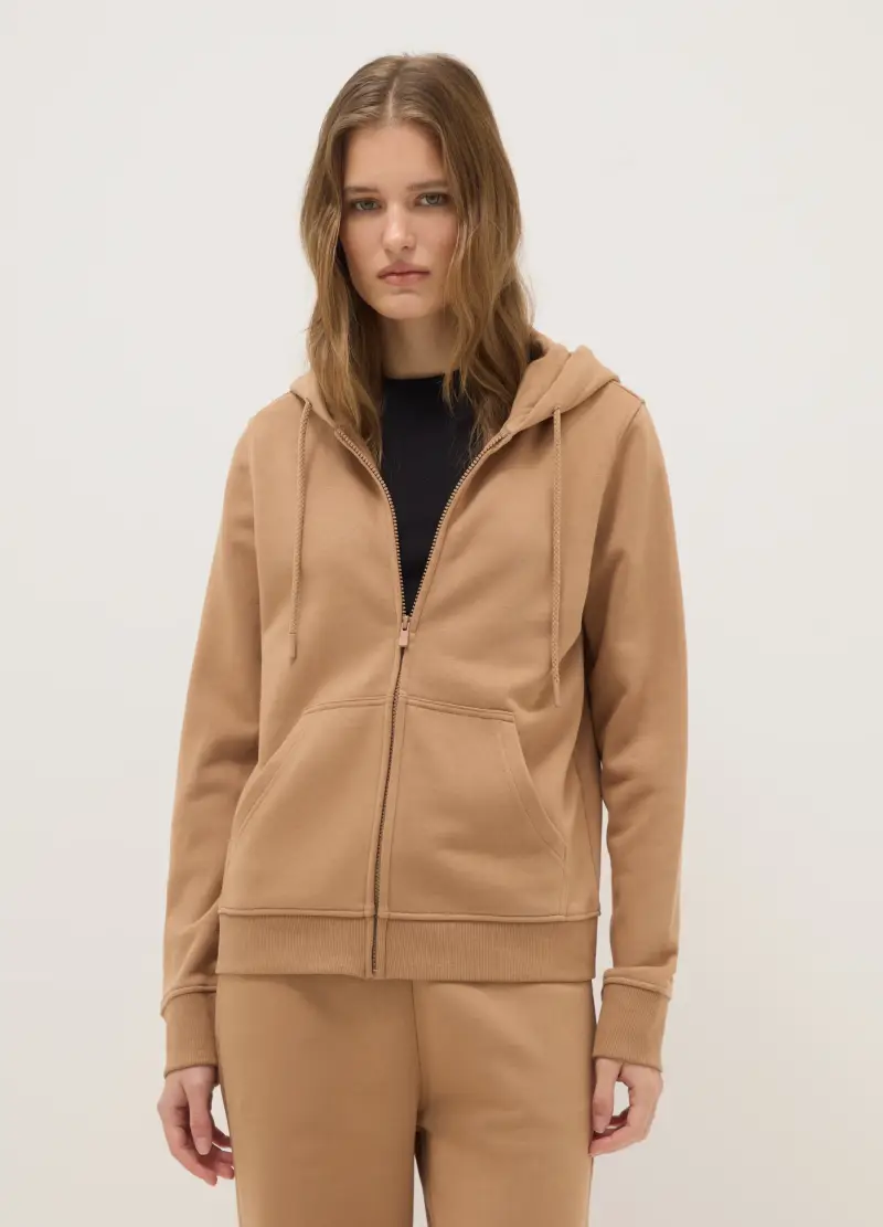 Felpa In Misto Cotone Marrone Regular Fit Con Cappuccio E Zip, Donna, Marrone