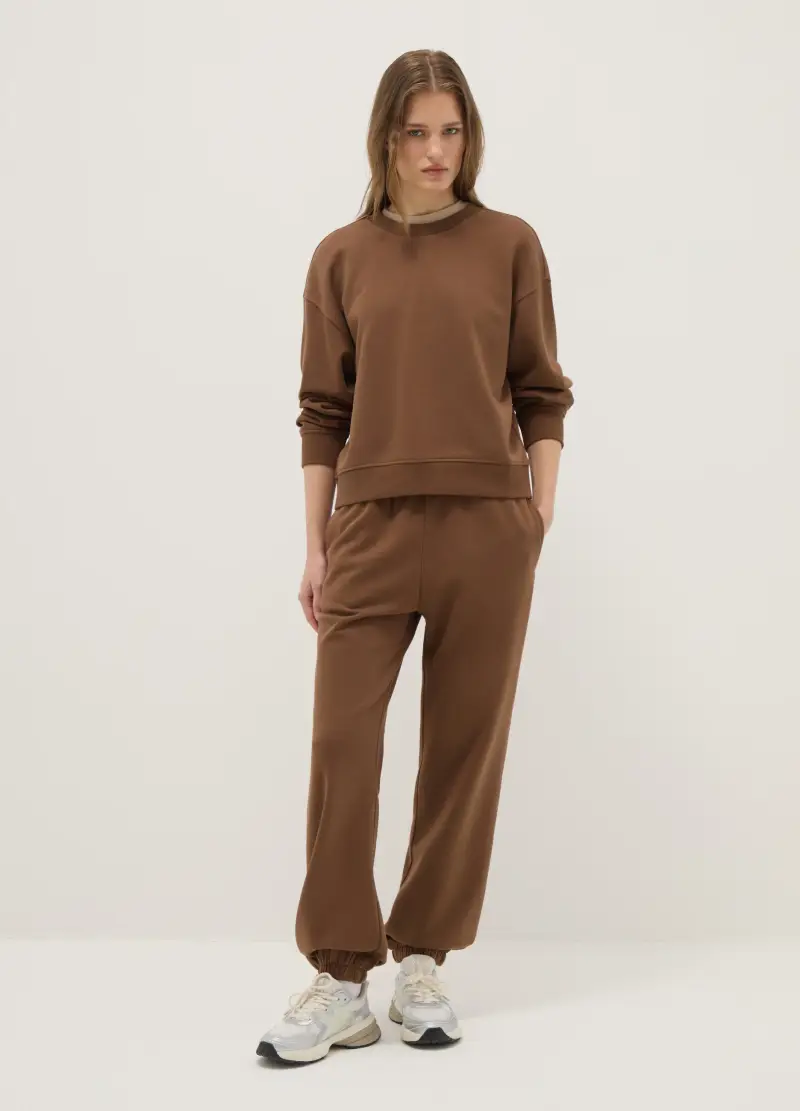 Felpa In Misto Cotone Marrone Regular Fit Con Collo Rotondo, Donna, Marrone