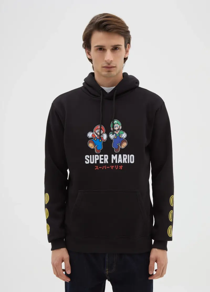 Felpa In Misto Cotone Nera Con Cappuccio E Stampa, Uomo, Nero miniatura 2