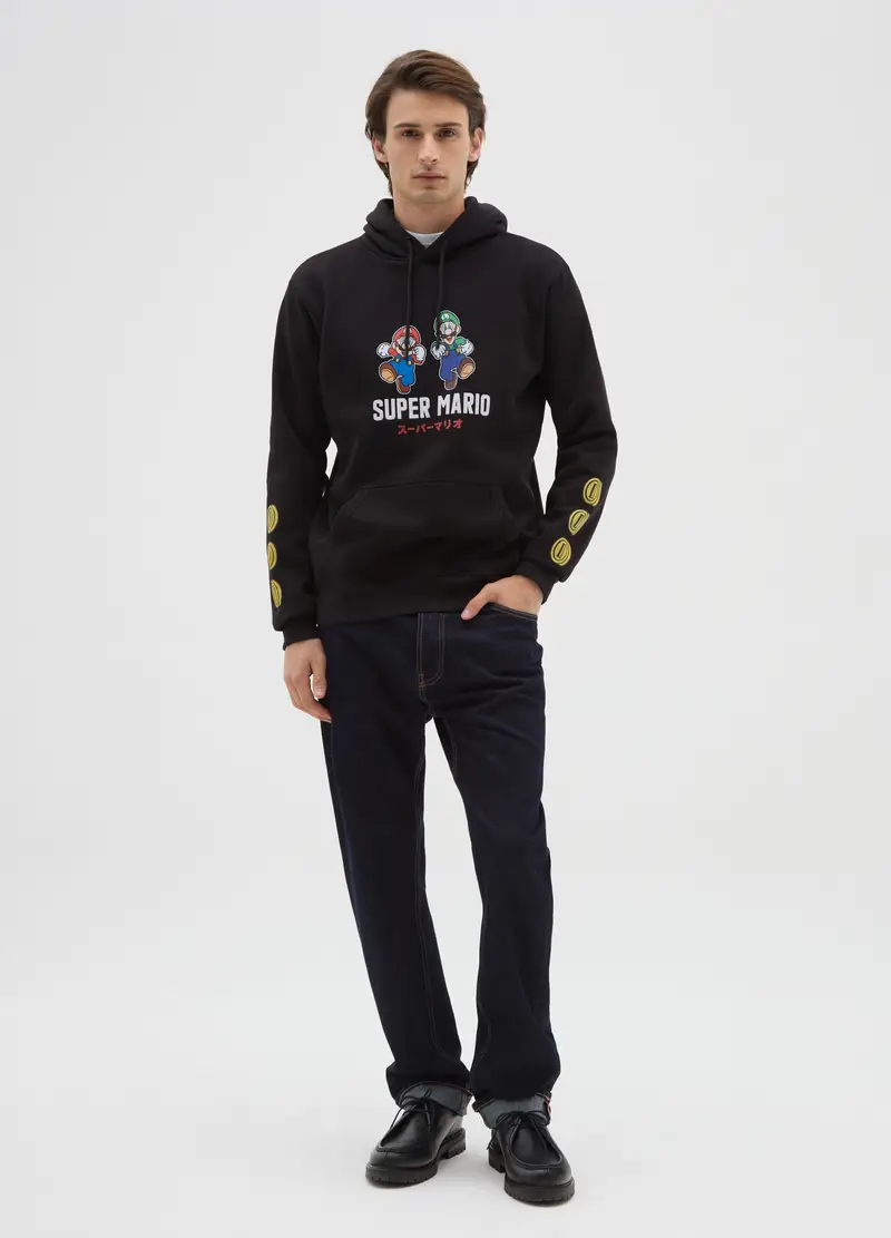 Felpa In Misto Cotone Nera Con Cappuccio E Stampa, Uomo, Nero