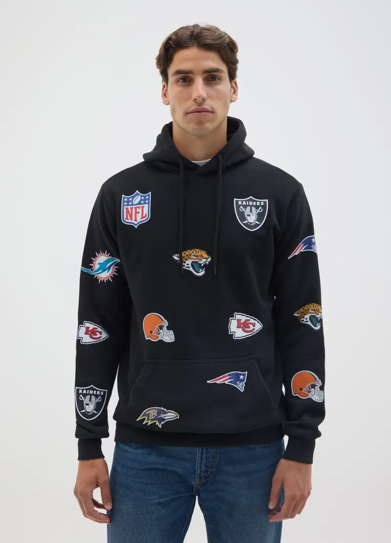 OVS, Felpa In Misto Cotone Nera Con Loghi Nfl, Unisex, Nero, Taglia: S