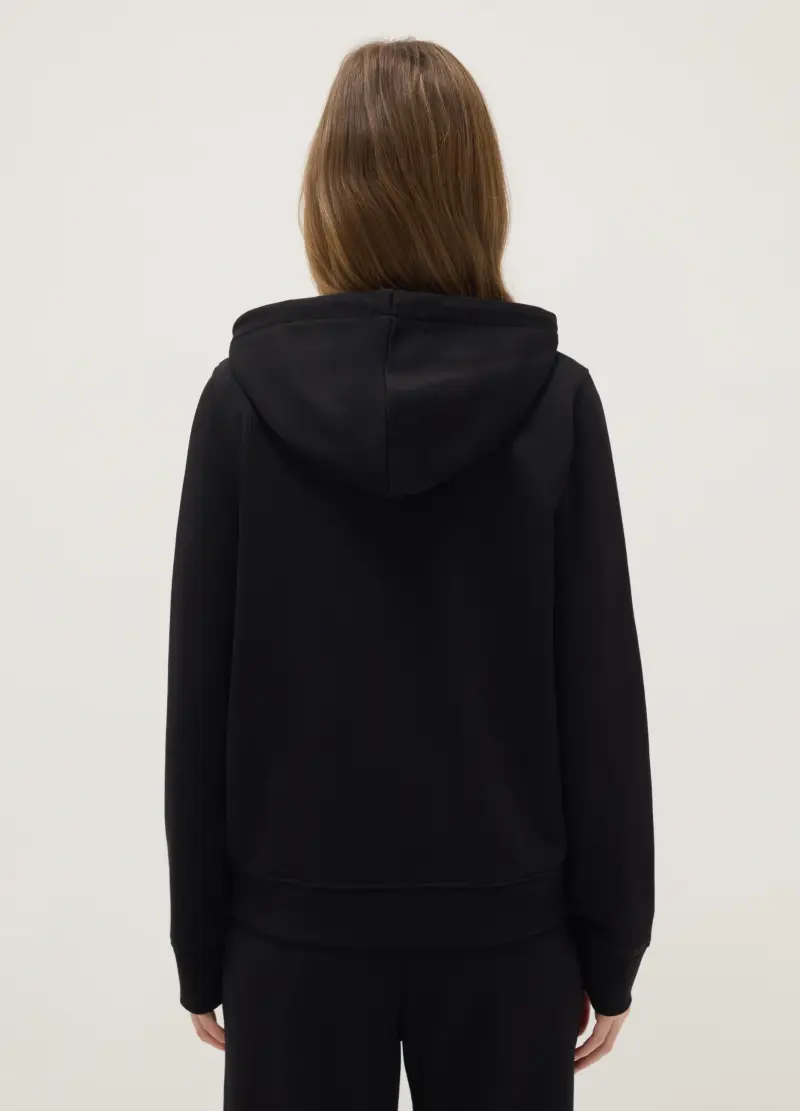Felpa In Misto Cotone Nera Regular Fit Con Cappuccio E Zip, Donna, Nero miniatura 3