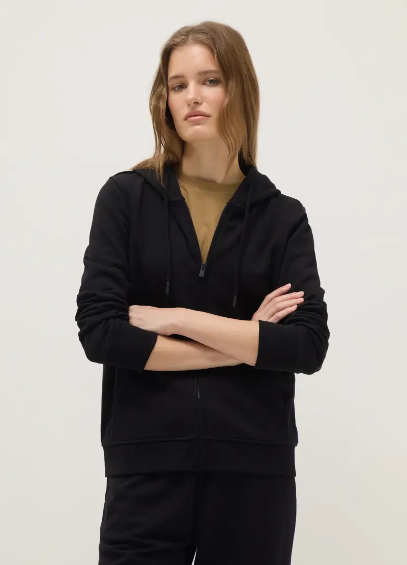 Felpa In Misto Cotone Nera Regular Fit Con Cappuccio E Zip, Donna, Nero