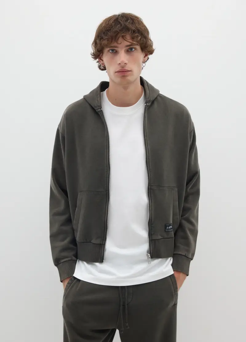 Felpa In Misto Cotone Nero Con Cappuccio E Zip, Uomo, Nero