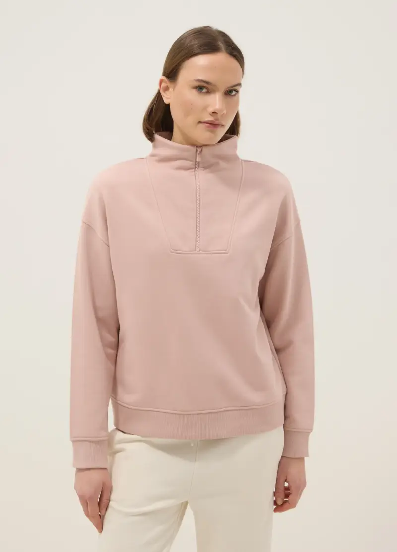 Felpa In Misto Cotone Rosa Regular Fit Con Mezza Zip E Collo Alto, Donna, Rosa