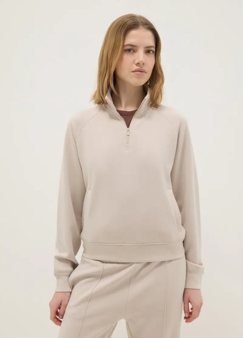 Felpa In Misto Modal Beige Regular Fit Con Mezza Zip, Donna, Beige