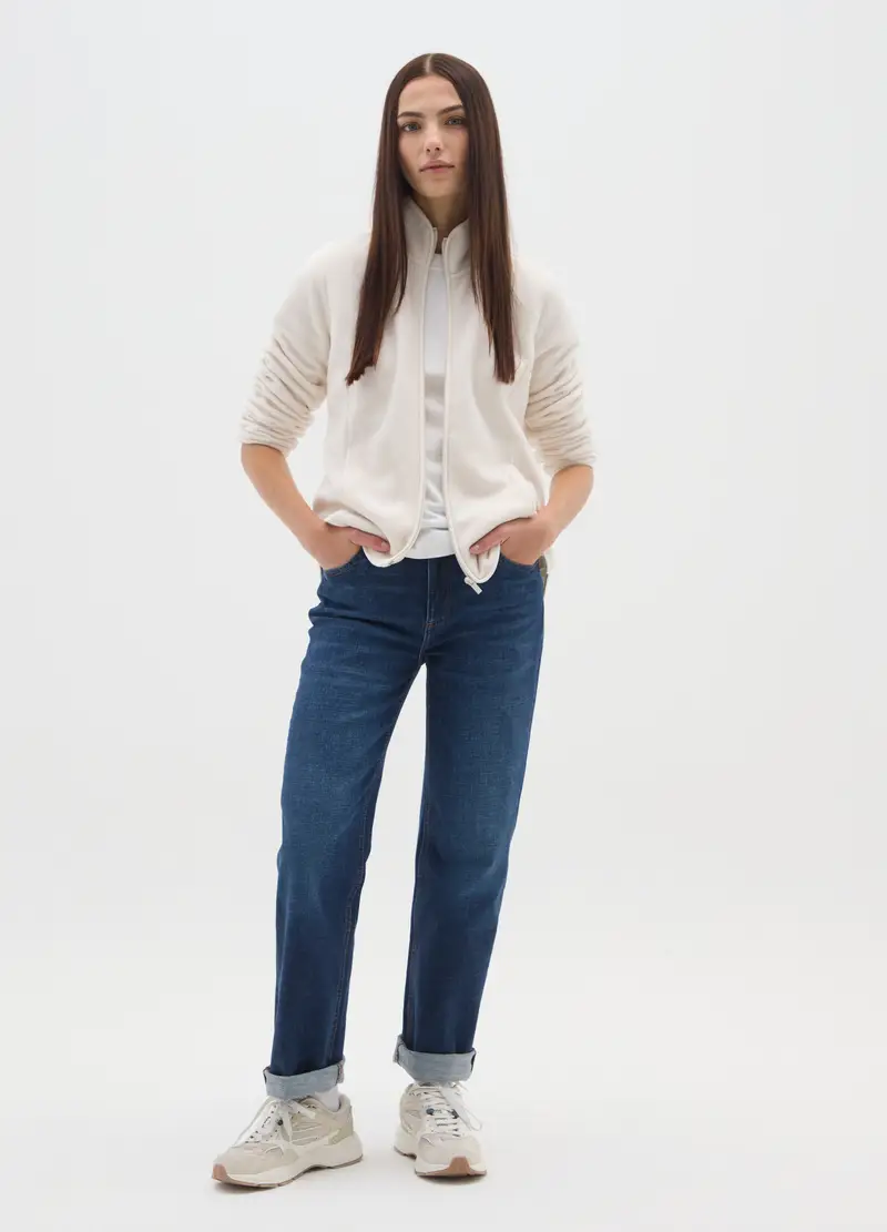 Felpa In Pile A Collo Alto Bianca Vestibilità Fitted E Zip, Donna, Bianco