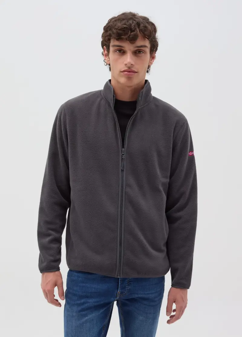 Felpa In Pile Full-zip Con Patch, Uomo, Nero miniatura 2