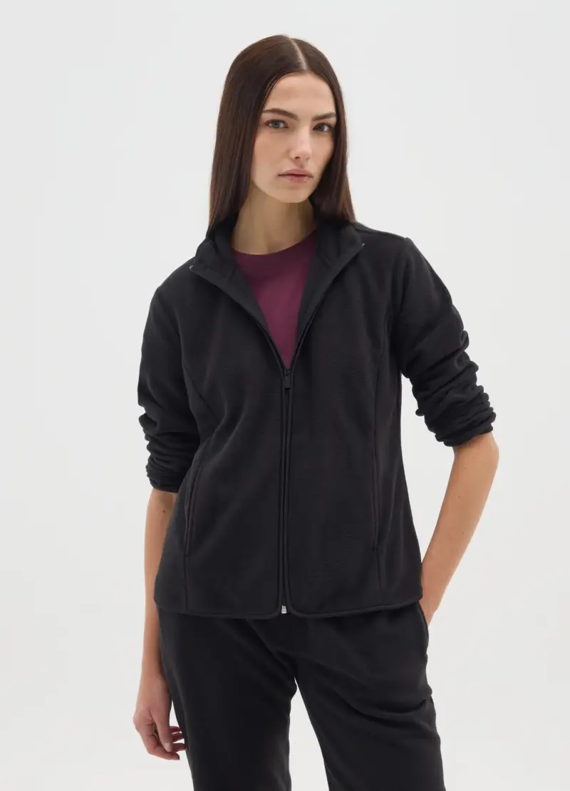 Felpa In Pile Nera Vestibilità Fitted E Zip, Donna, Nero