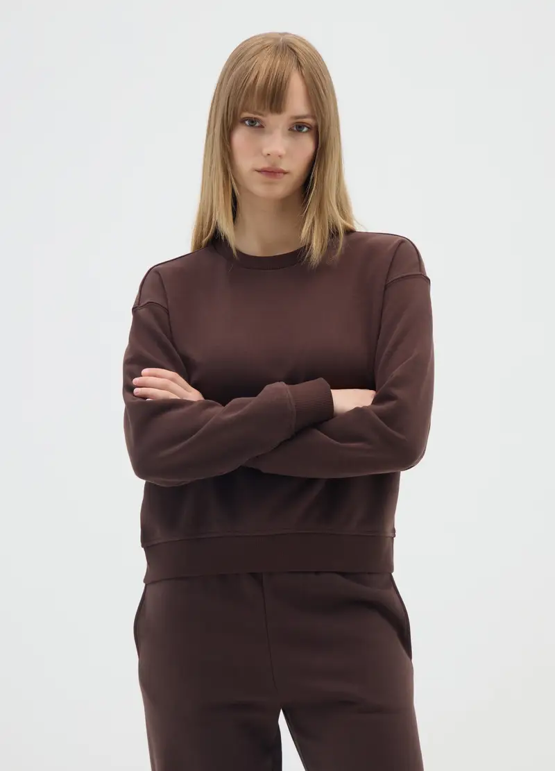 Felpa Marrone Girocollo In Misto Cotone, Donna, Marrone miniatura 2