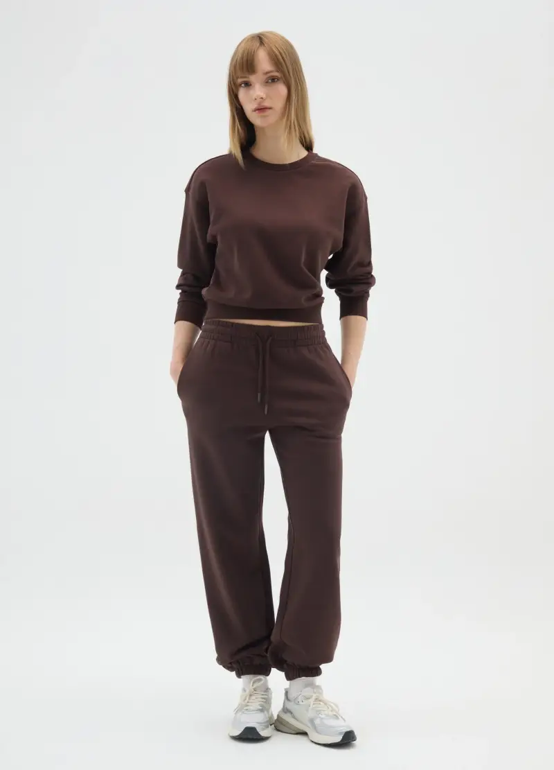 Felpa Marrone Girocollo In Misto Cotone, Donna, Marrone