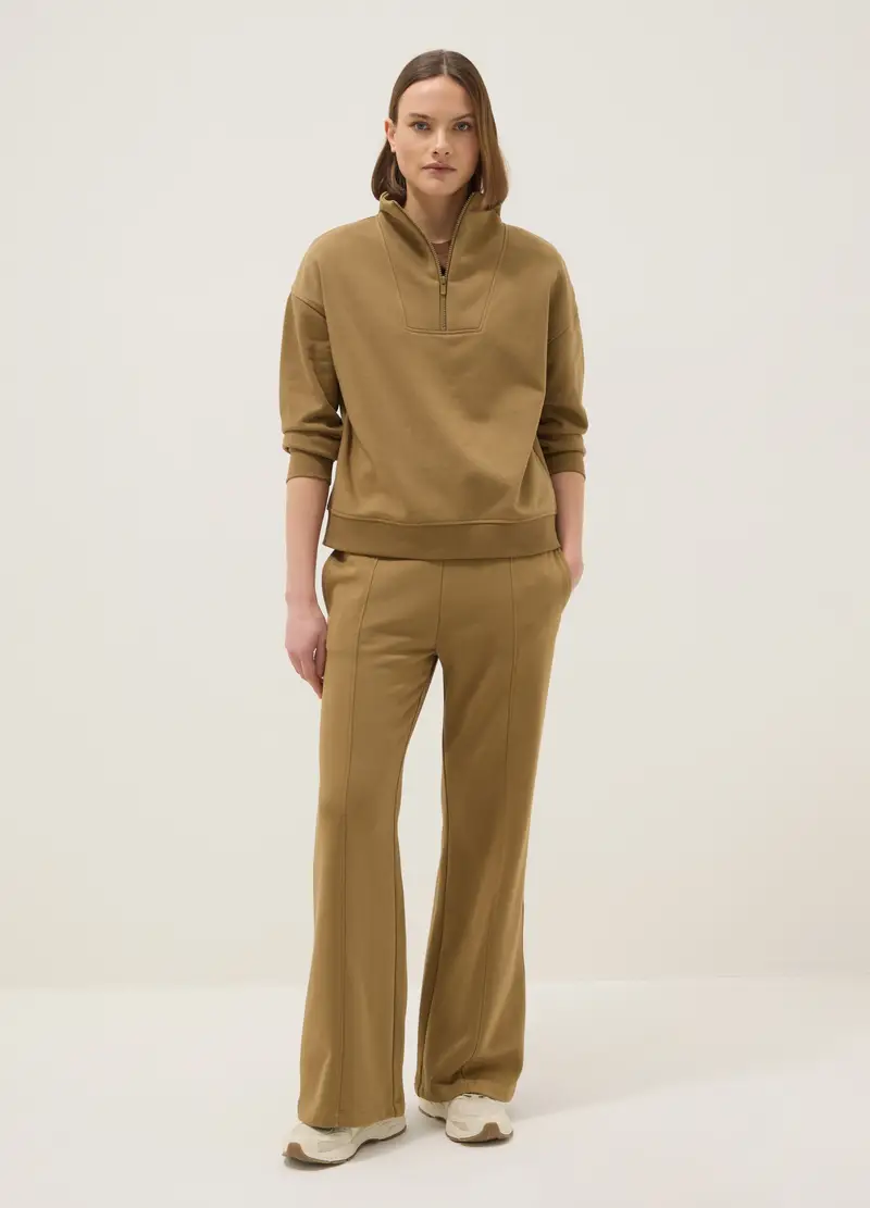 Felpa Marrone In Misto Cotone Con Mezza Zip, Donna, Beige miniatura 2