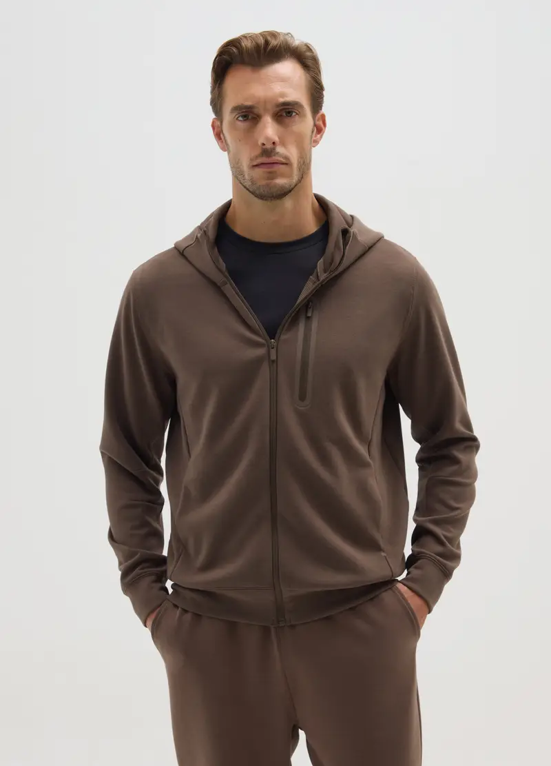 Felpa Marrone Regular Fit Con Zip E Cappuccio, Uomo, Marrone