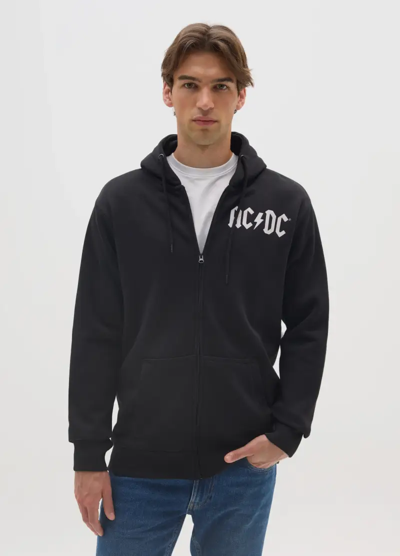 Felpa Nera Con Cappuccio Full Zip, Uomo, Nero