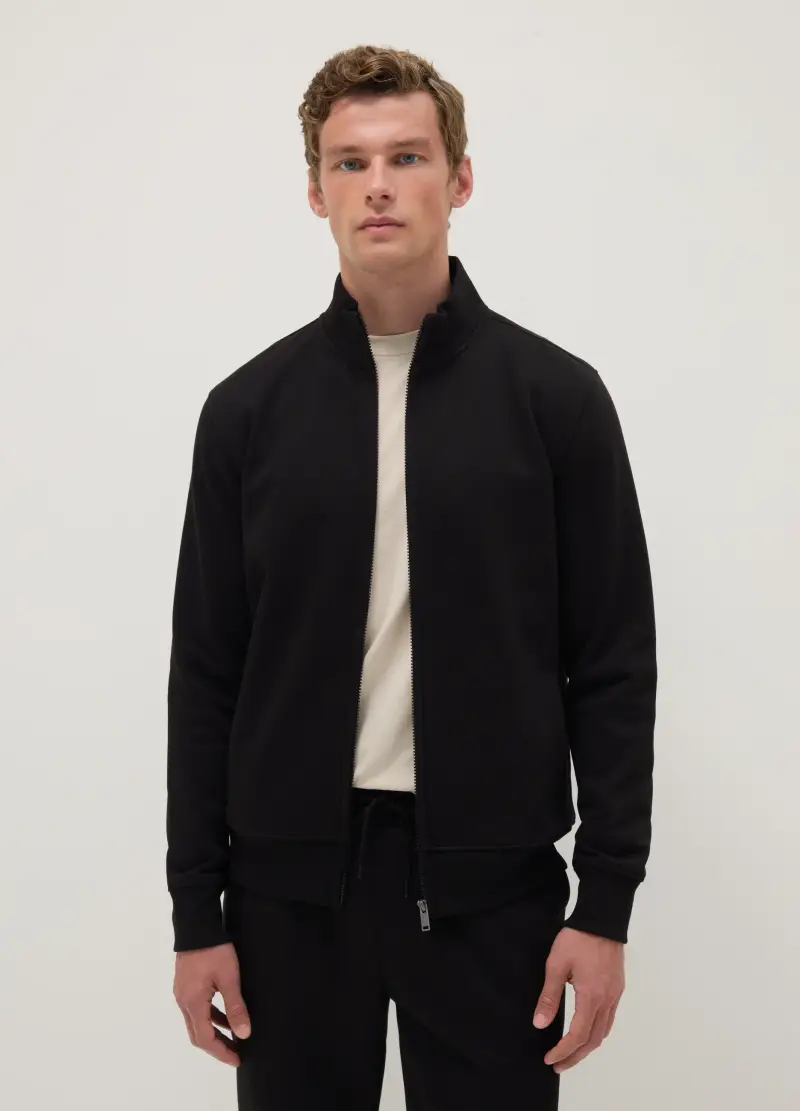 Felpa Nera In Misto Cotone Regular Fit Con Full Zip, Uomo, Nero
