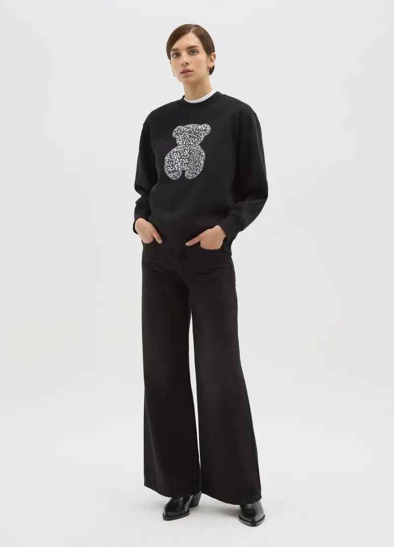 Felpa Nera In Misto Cotone Relaxed Fit Con Orsetto Glitterato, Donna, Nero
