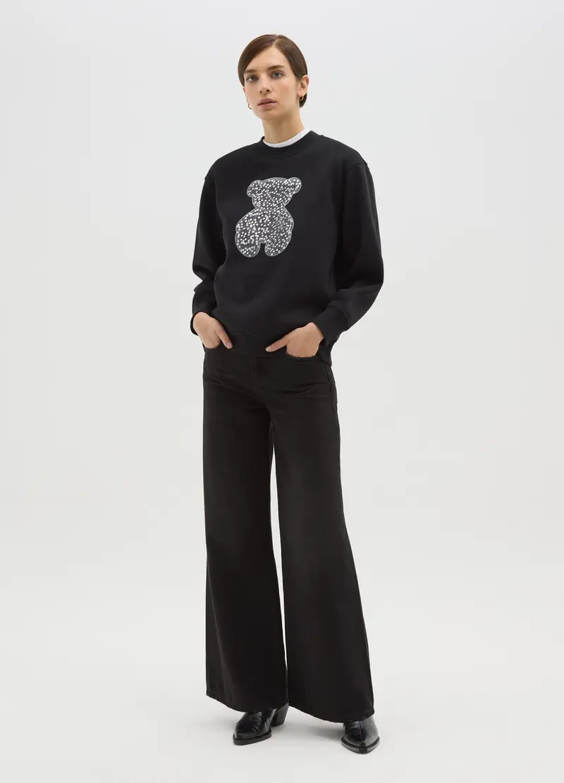 Felpa Nera In Misto Cotone Relaxed Fit Con Orsetto Glitterato, Donna, Nero