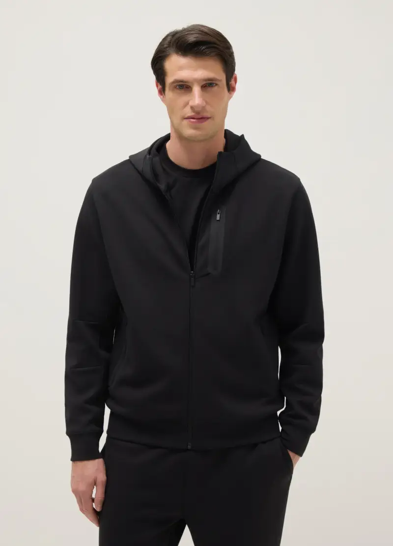 Felpa Nera Regular Fit Con Cappuccio E Collo Con Zip Frontale, Uomo, Nero miniatura 2