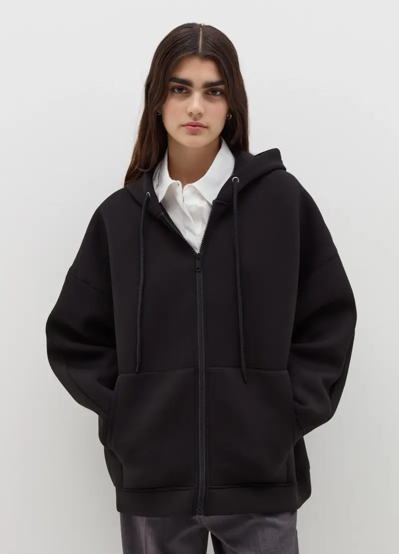 Felpa Over Con Cappuccio E Zip, Donna, Nero miniatura 2