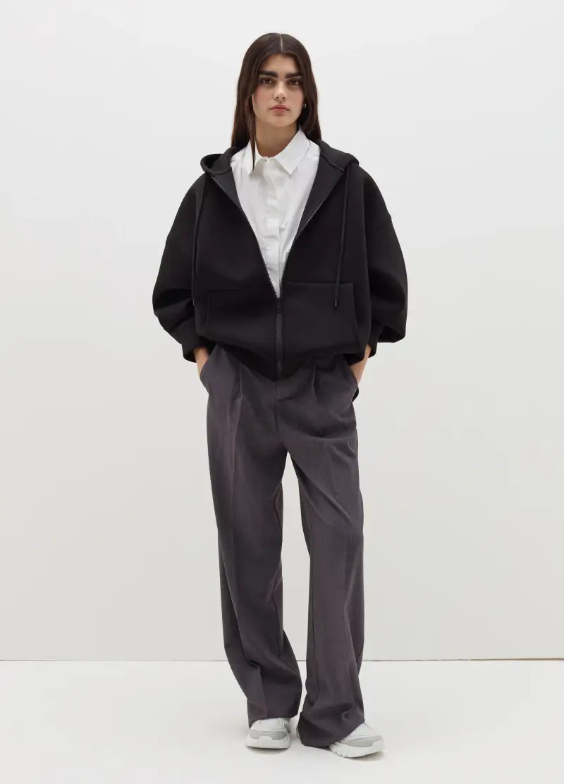 Felpa Over Con Cappuccio E Zip, Donna, Nero