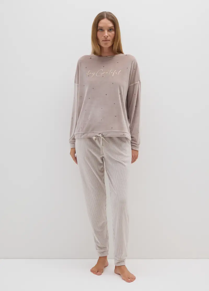 Felpa Pigiama Beige In Tessuto Morbido Con Cuori E Scritta Frontale, Donna, Beige miniatura 2