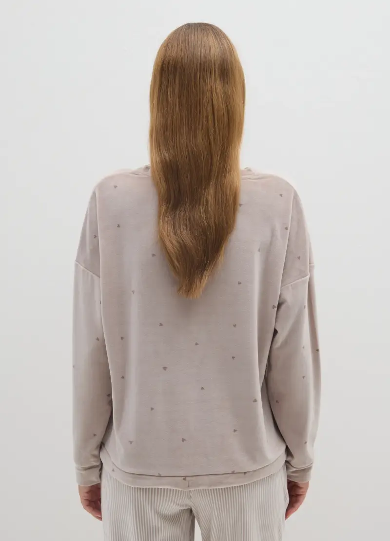 Felpa Pigiama Beige In Tessuto Morbido Con Cuori E Scritta Frontale, Donna, Beige miniatura 3