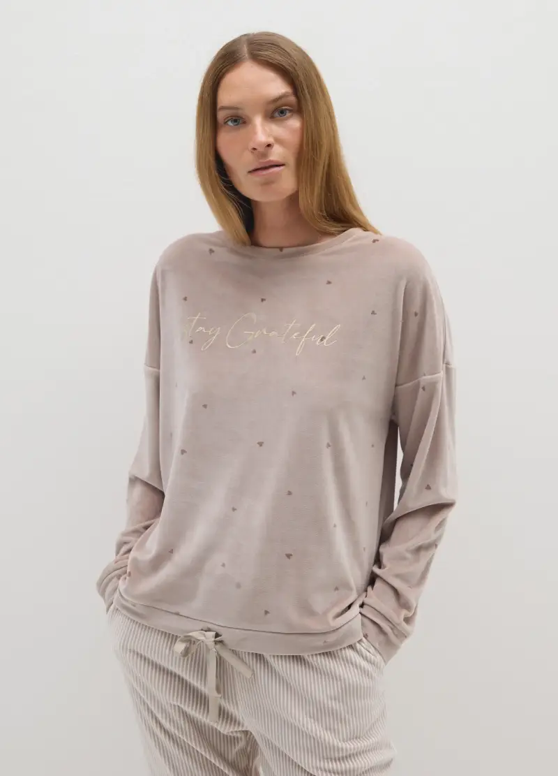 Felpa Pigiama Beige In Tessuto Morbido Con Cuori E Scritta Frontale, Donna, Beige