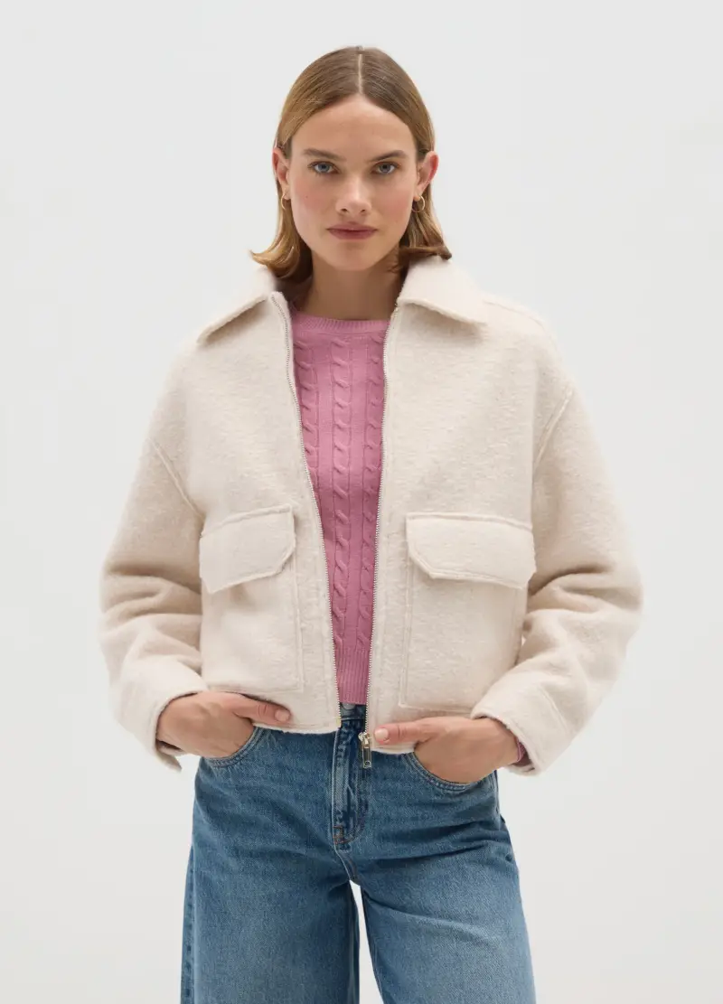 Giacca Bianca Regular Fit Con Zip, Donna, Bianco miniatura 2