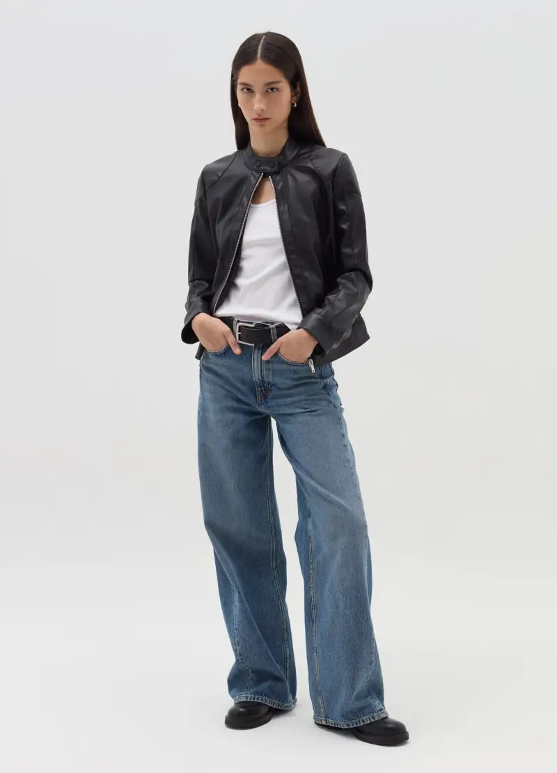 Giacca Chiodo Full-zip Con Bottoni Al Collo, Donna, Nero