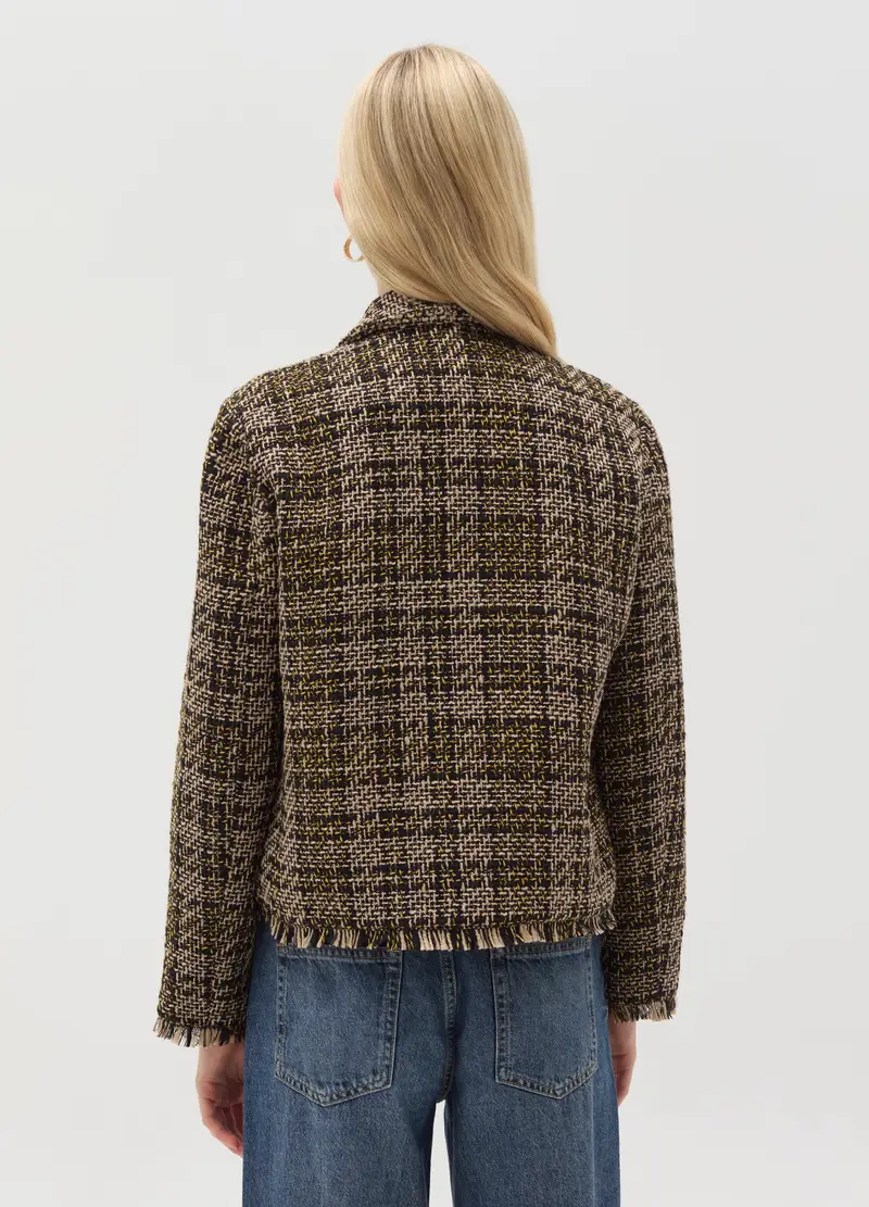 Giacca Corta In Tweed Check Sfrangiata, Donna, Multicolor miniatura 3