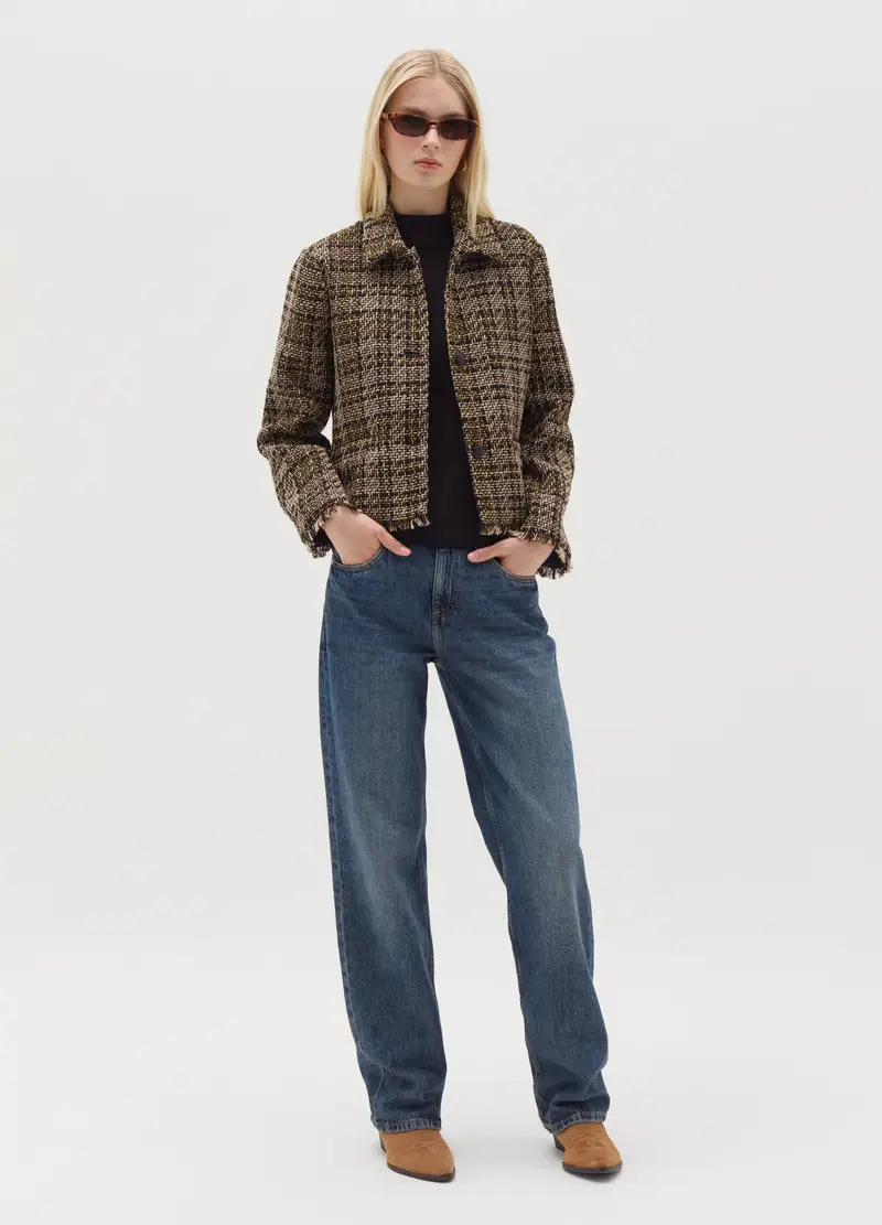 Giacca Corta In Tweed Check Sfrangiata, Donna, Multicolor