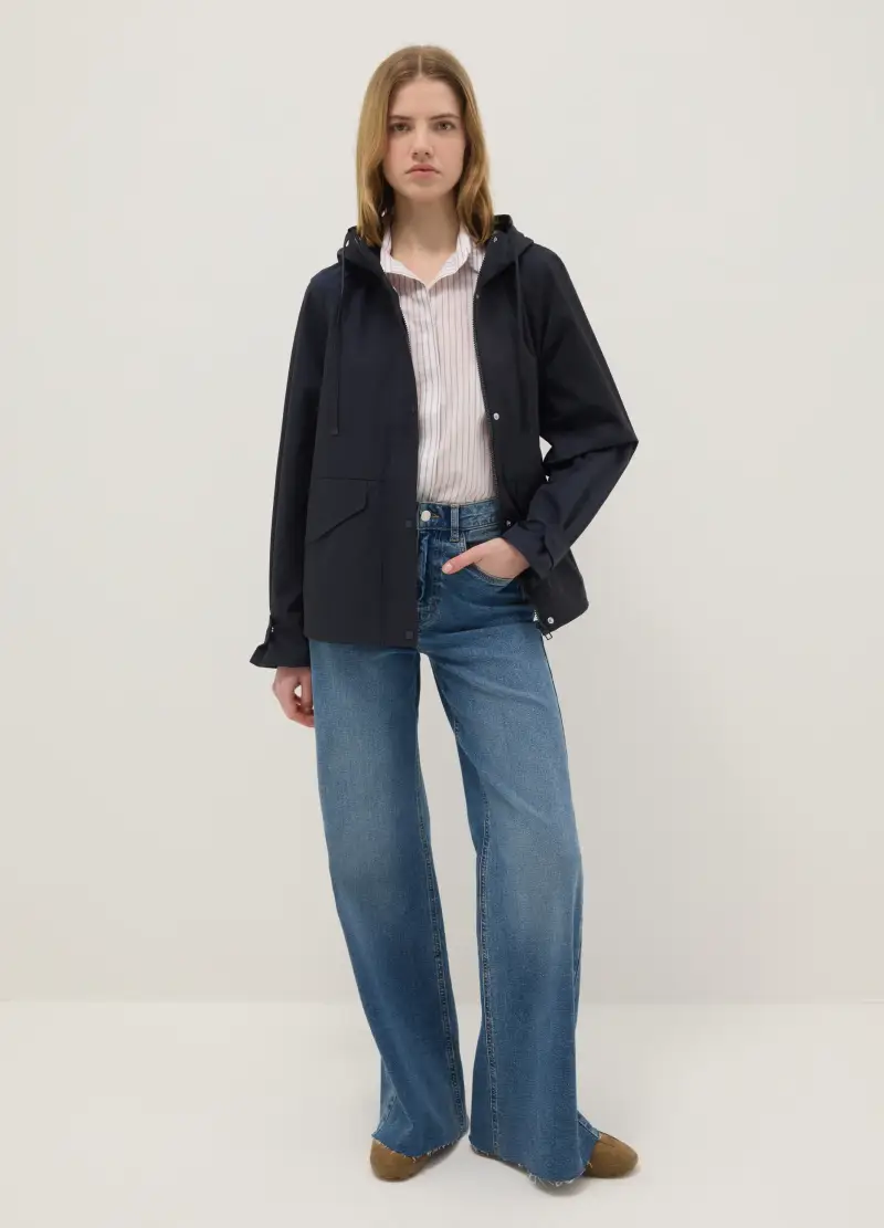 Giacca In Misto Cotone Nera Regular Fit Con Zip E Cappuccio, Donna, Nero