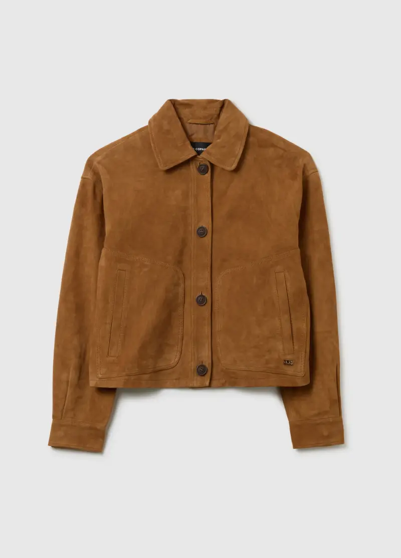 Giacca In Vera Pelle Con Bottoni E Tasche Ampie, Donna, Marrone