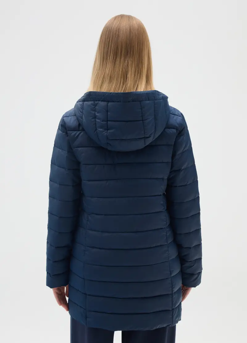 Giacca Lunga Imbottita Blu Con Cappuccio E Zip, Donna, Blu miniatura 3