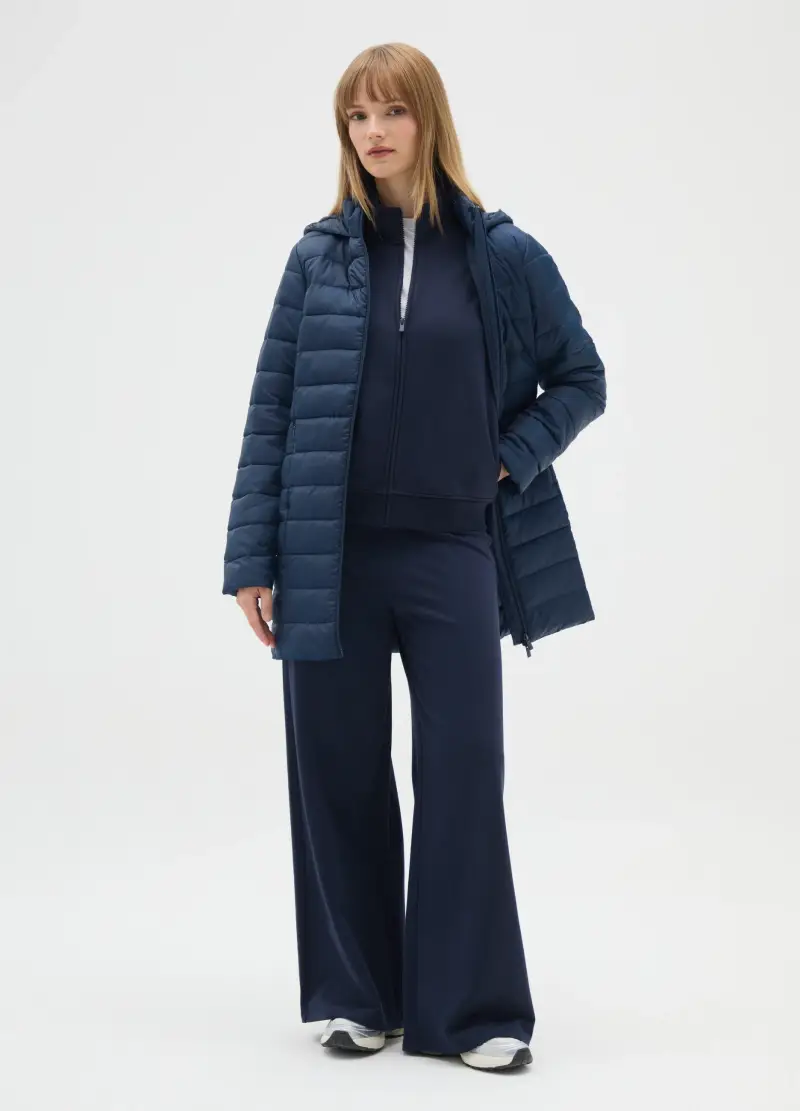 Giacca Lunga Imbottita Blu Con Cappuccio E Zip, Donna, Blu