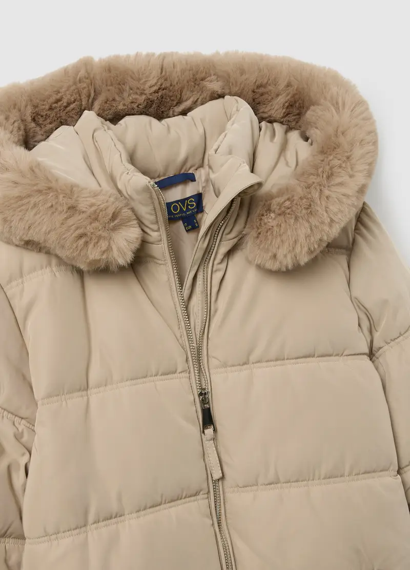 Giacca Lunga Imbottita Nera Regular Fit Con Cappuccio E Zip, Donna, Beige miniatura 2