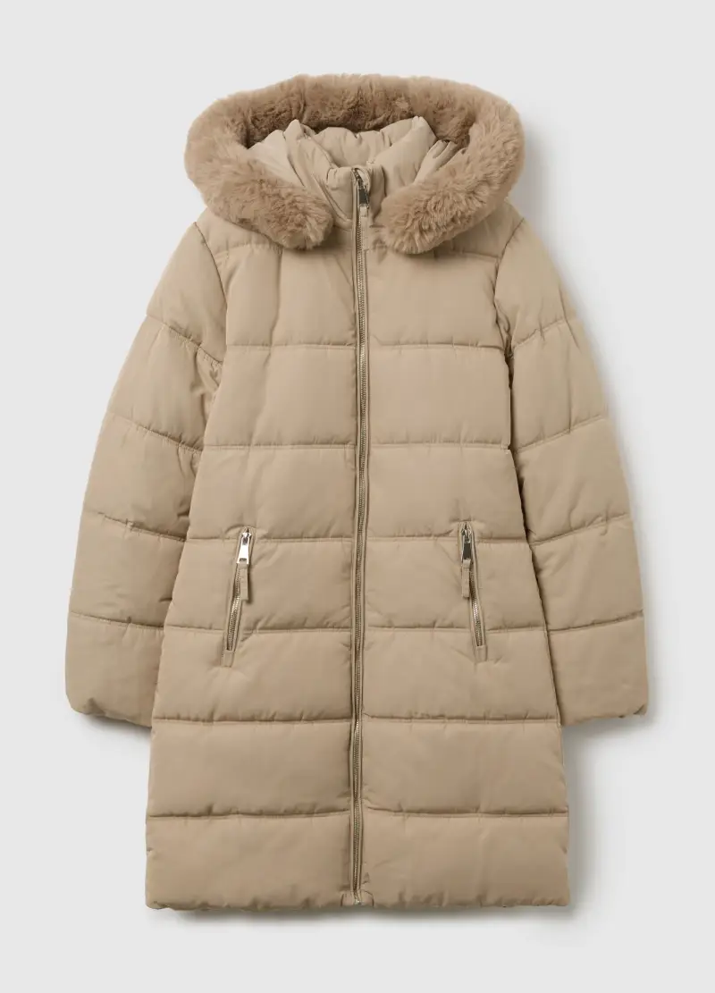 Giacca Lunga Imbottita Nera Regular Fit Con Cappuccio E Zip, Donna, Beige